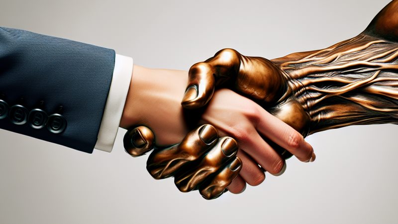 Handshake between an attorney and an AI's bronze hand